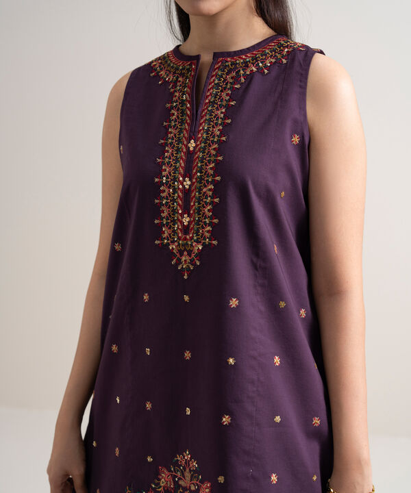 3 Piece - Embroidered Cotton Satin Suit