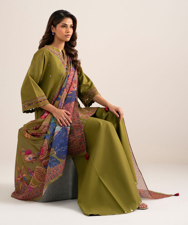 3 Piece - Embroidered Cotton Satin Suit
