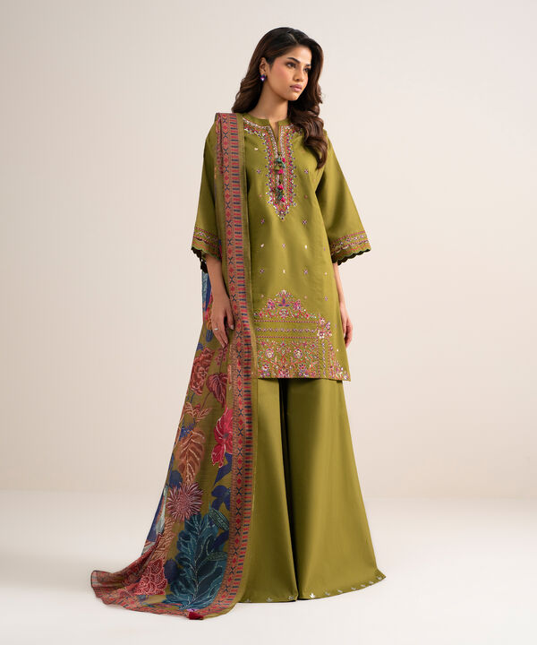 3 Piece - Embroidered Cotton Satin Suit