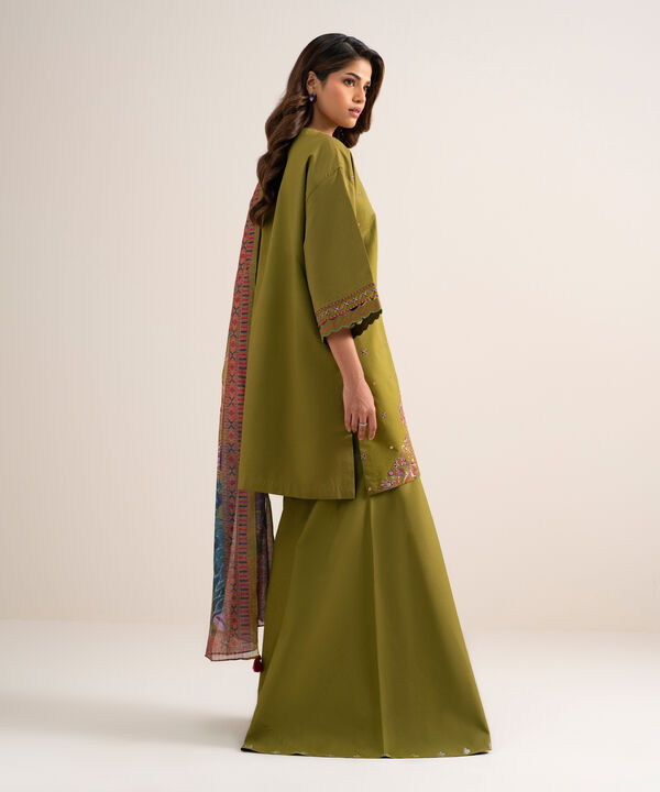 3 Piece - Embroidered Cotton Satin Suit