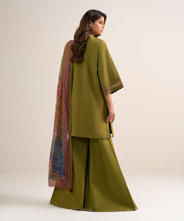 3 Piece - Embroidered Cotton Satin Suit