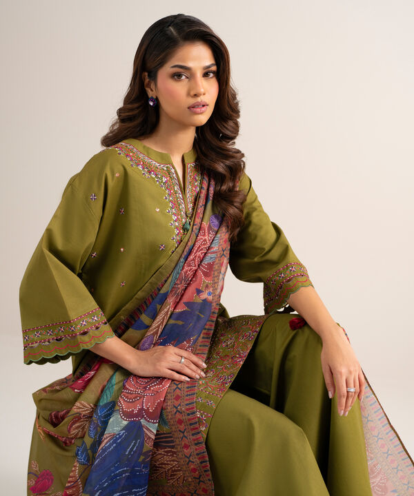 3 Piece - Embroidered Cotton Satin Suit