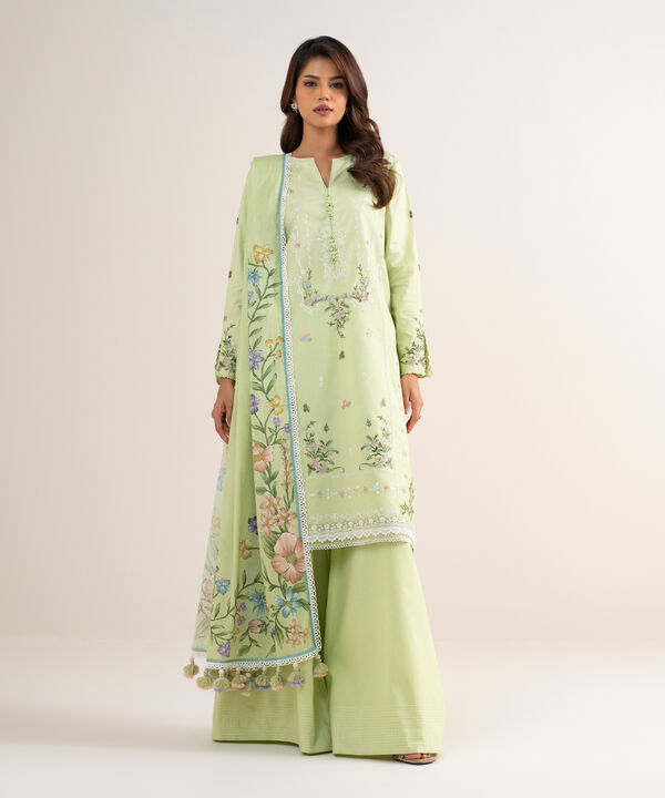 3 Piece - Embroidered Cotton Satin Suit