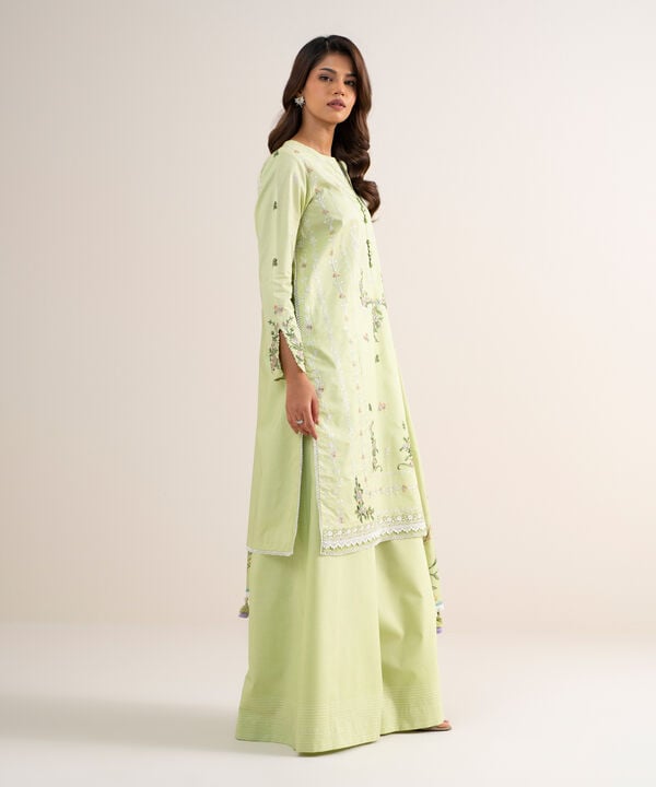 3 Piece - Embroidered Cotton Satin Suit