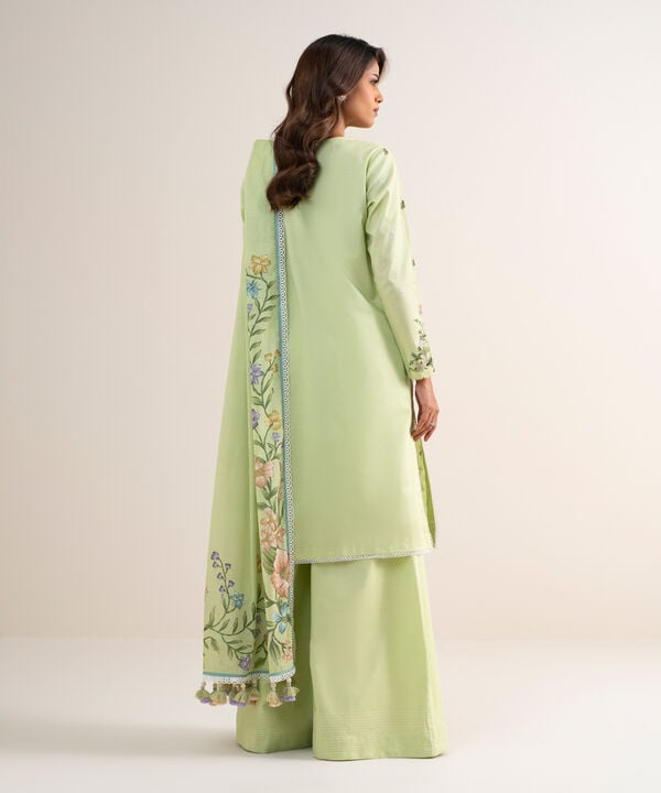 3 Piece - Embroidered Cotton Satin Suit