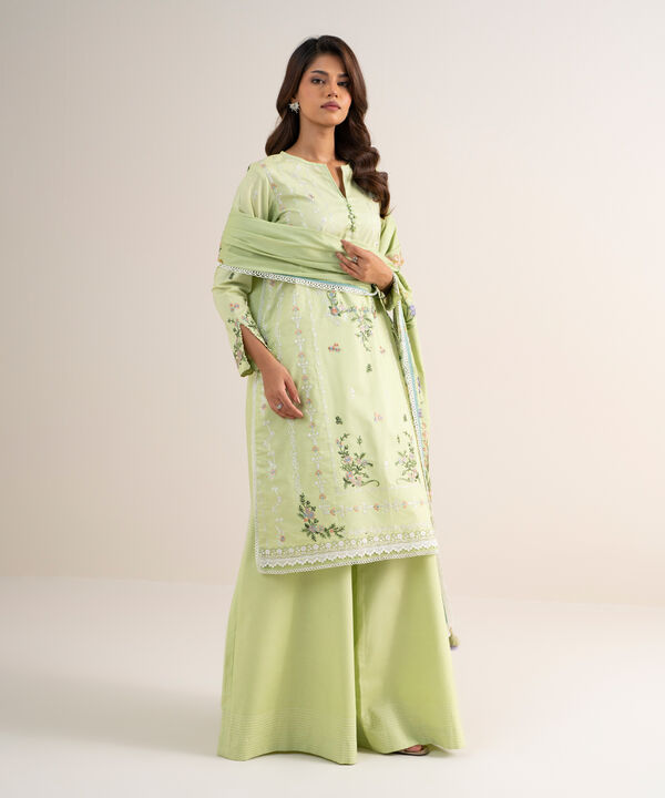 3 Piece - Embroidered Cotton Satin Suit