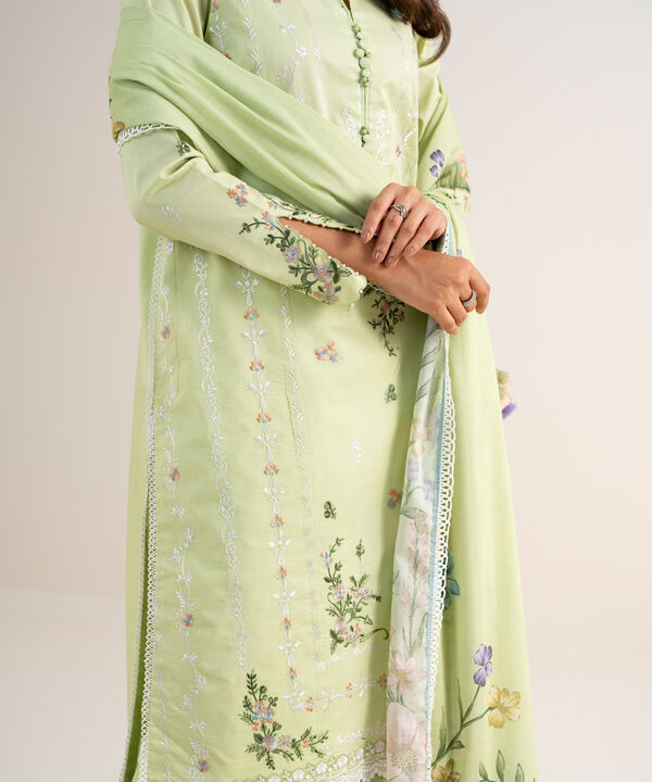 3 Piece - Embroidered Cotton Satin Suit