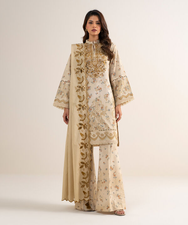 3 Piece - Embroidered Cotton Satin Suit