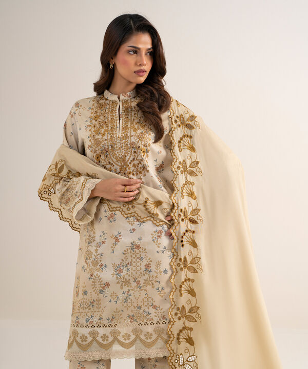 3 Piece - Embroidered Cotton Satin Suit
