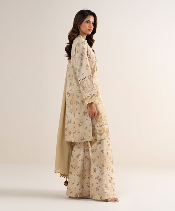 3 Piece - Embroidered Cotton Satin Suit