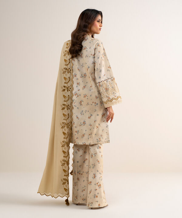 3 Piece - Embroidered Cotton Satin Suit