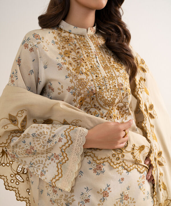 3 Piece - Embroidered Cotton Satin Suit