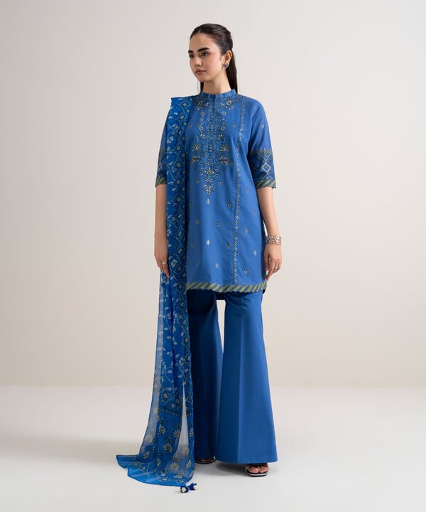 3 Piece - Embroidered Cotton Satin Suit