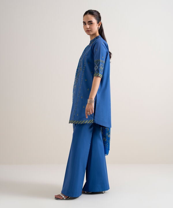 3 Piece - Embroidered Cotton Satin Suit