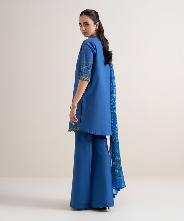 3 Piece - Embroidered Cotton Satin Suit