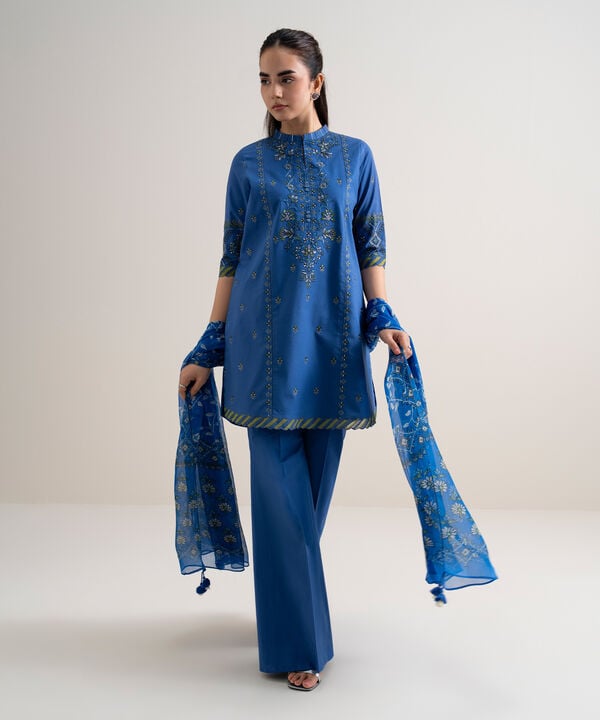 3 Piece - Embroidered Cotton Satin Suit