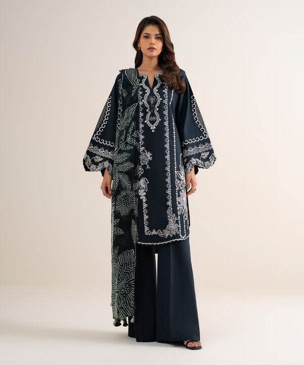 3 Piece - Embroidered Cotton Satin Suit