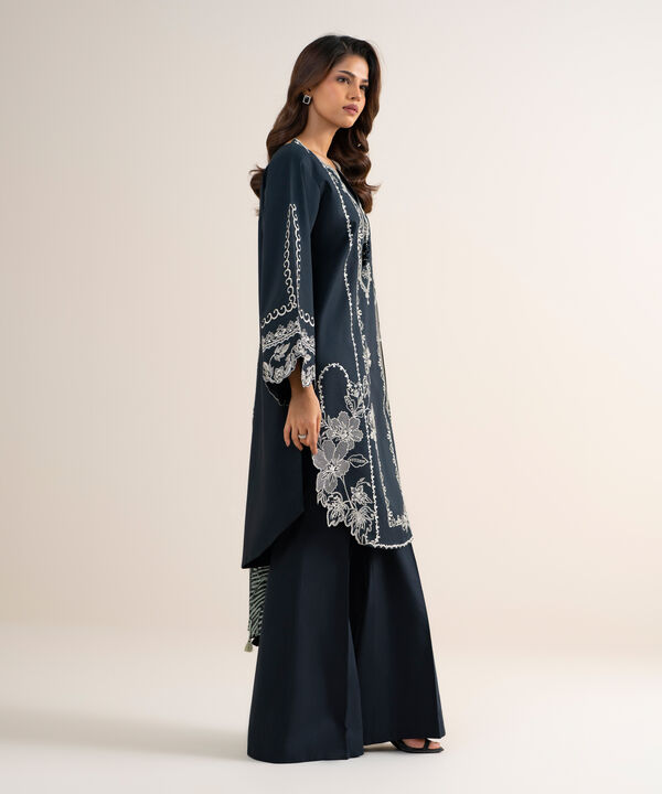3 Piece - Embroidered Cotton Satin Suit