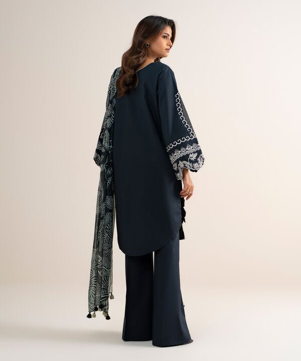 3 Piece - Embroidered Cotton Satin Suit