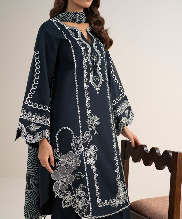3 Piece - Embroidered Cotton Satin Suit