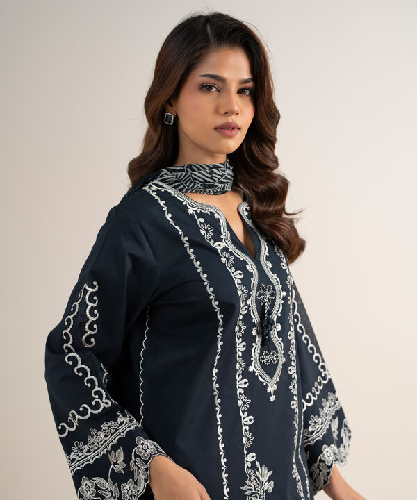 3 Piece - Embroidered Cotton Satin Suit