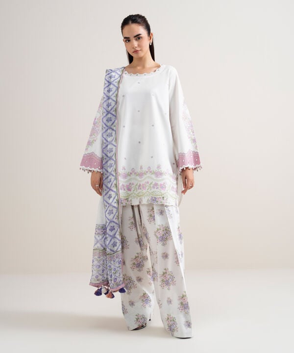 3 Piece - Embroidered Cotton Satin Suit
