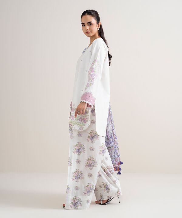 3 Piece - Embroidered Cotton Satin Suit
