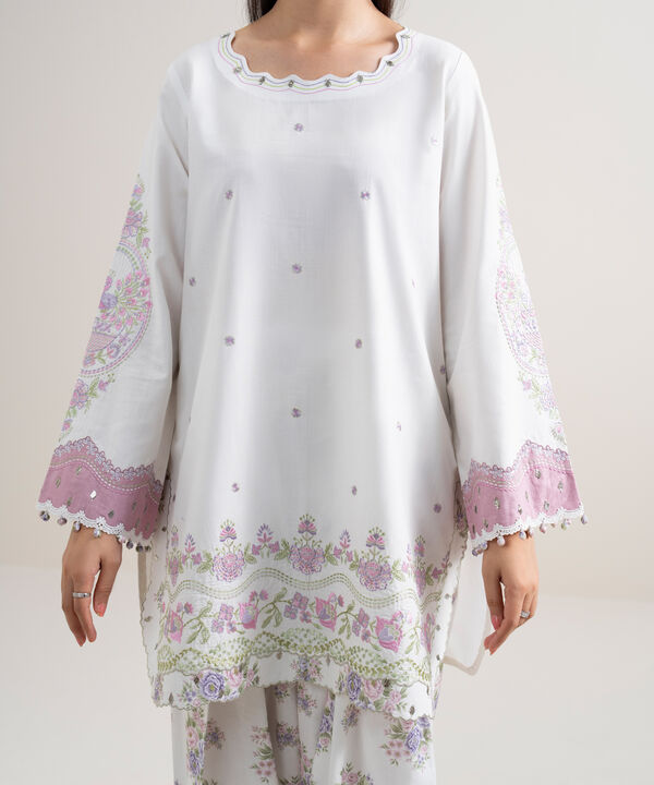 3 Piece - Embroidered Cotton Satin Suit