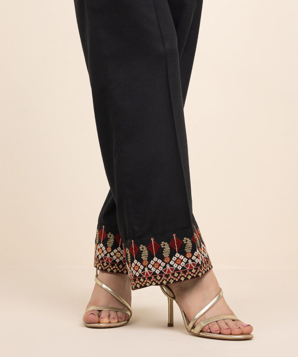 Embroidered Raw Silk Pants