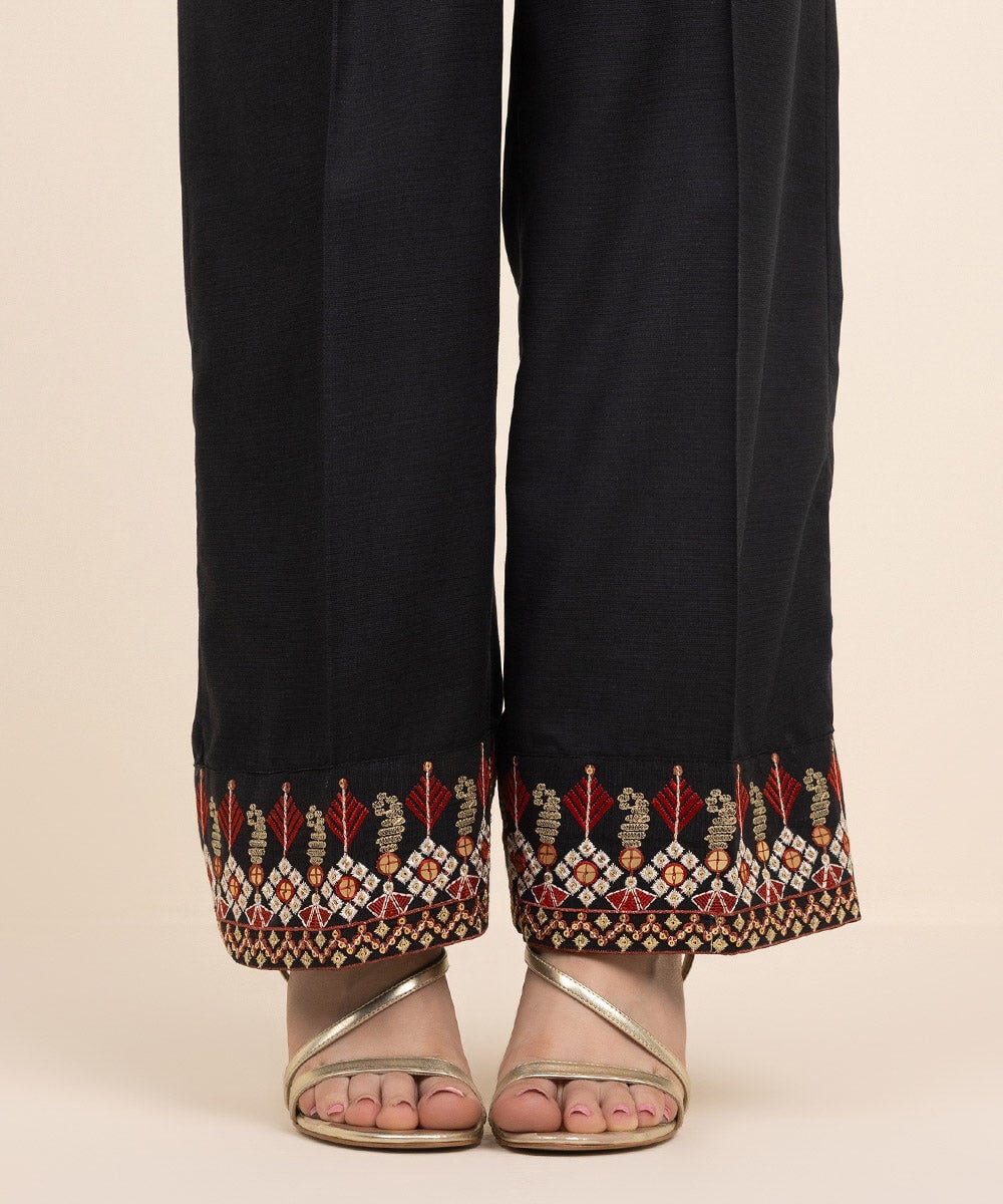 Embroidered Raw Silk Pants