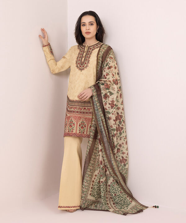 3 Piece - Embroidered Raw Silk Suit