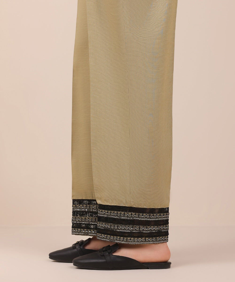 Embroidered Raw Silk Pants