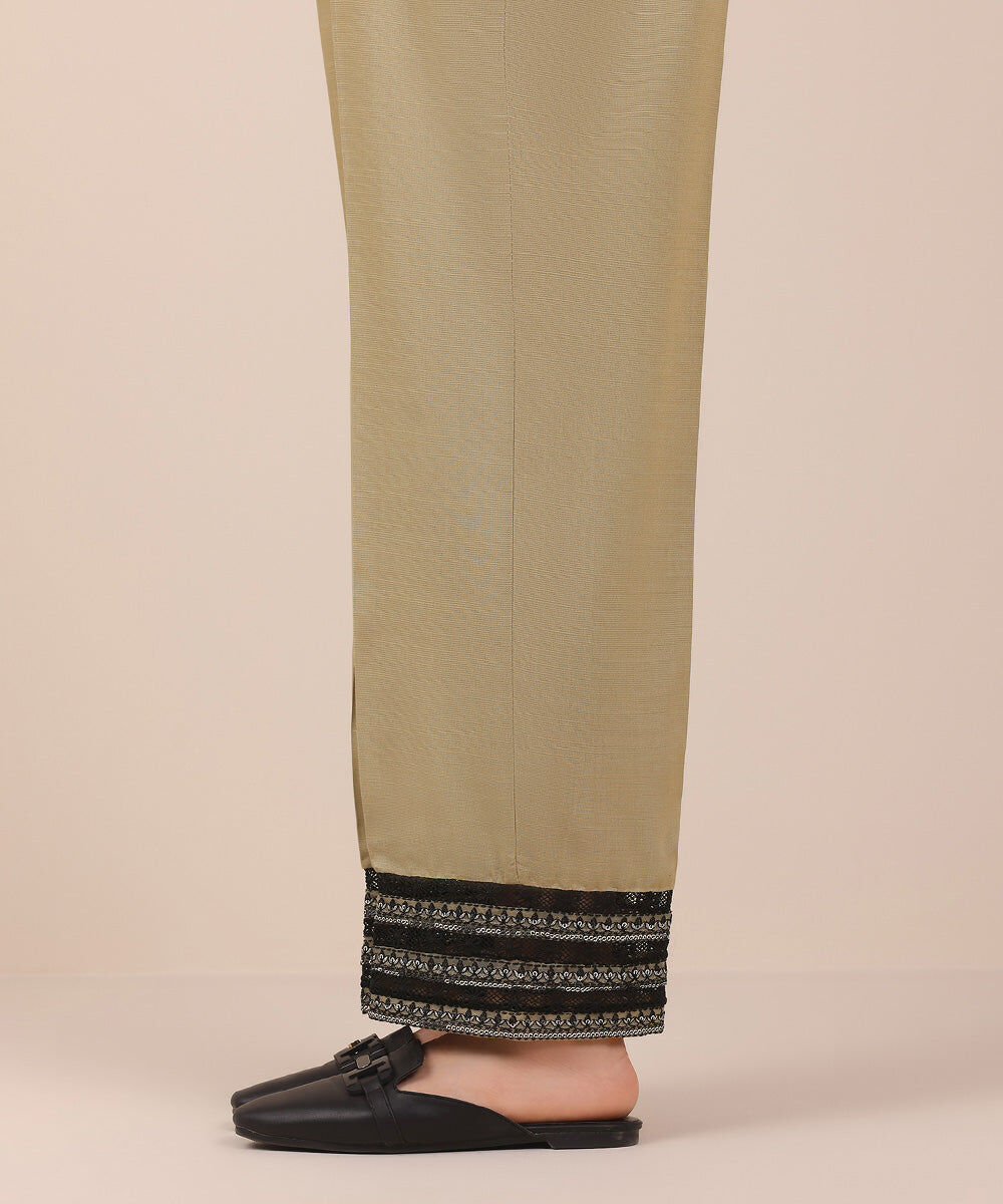 Embroidered Raw Silk Pants
