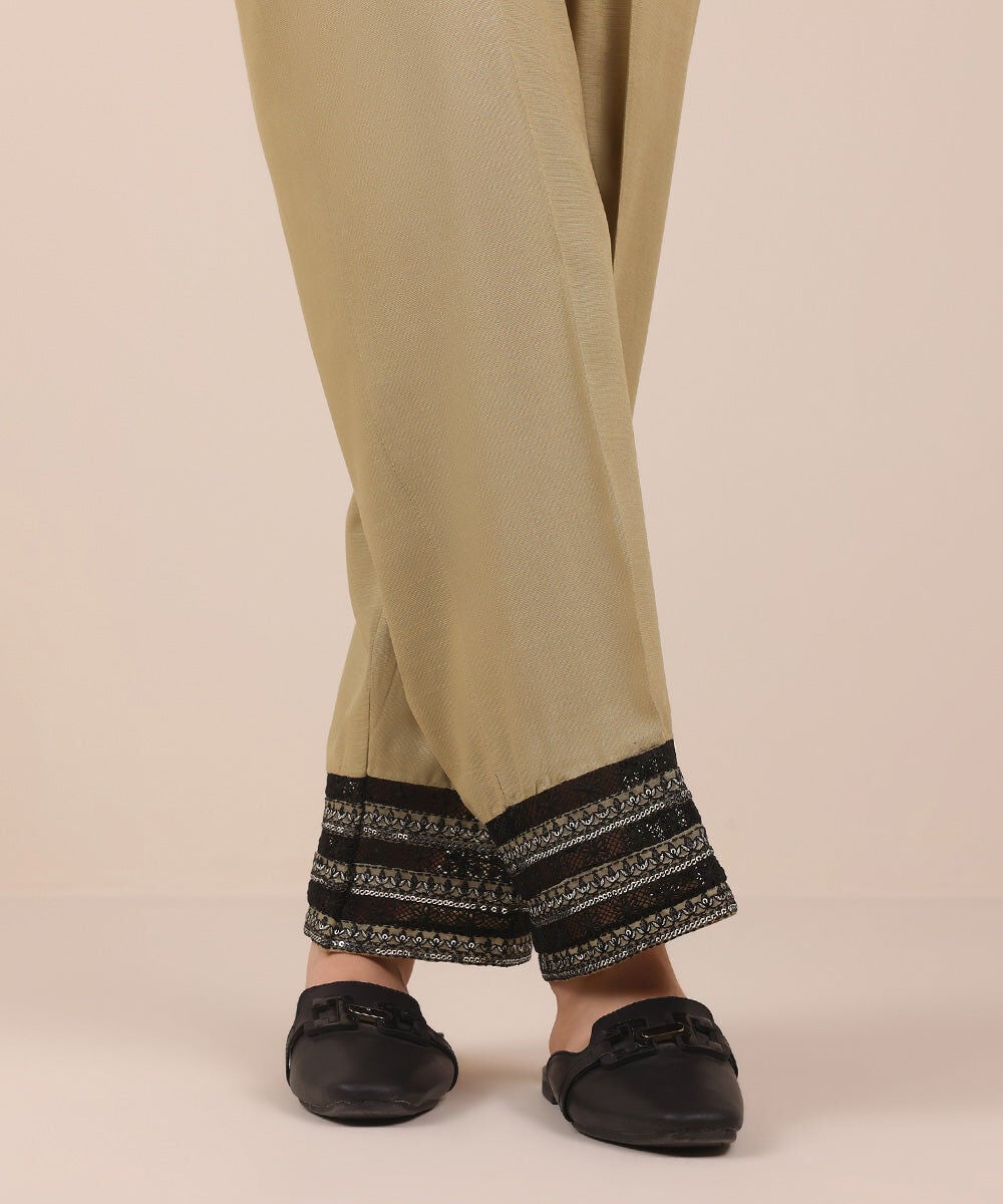 Embroidered Raw Silk Pants