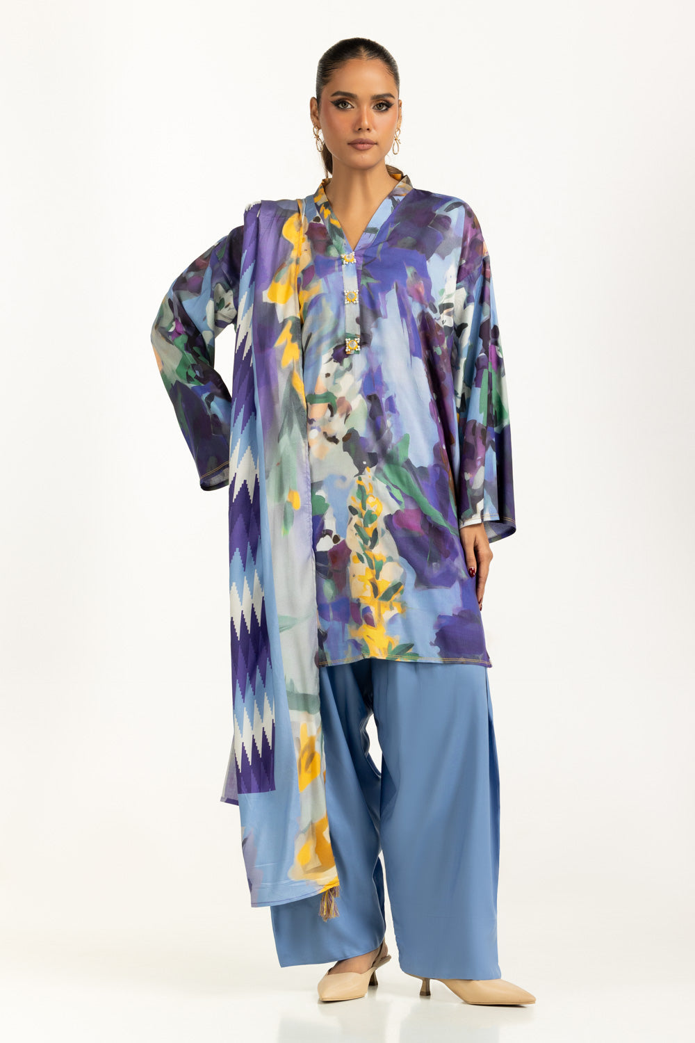 3Pc Linen Printed Suit