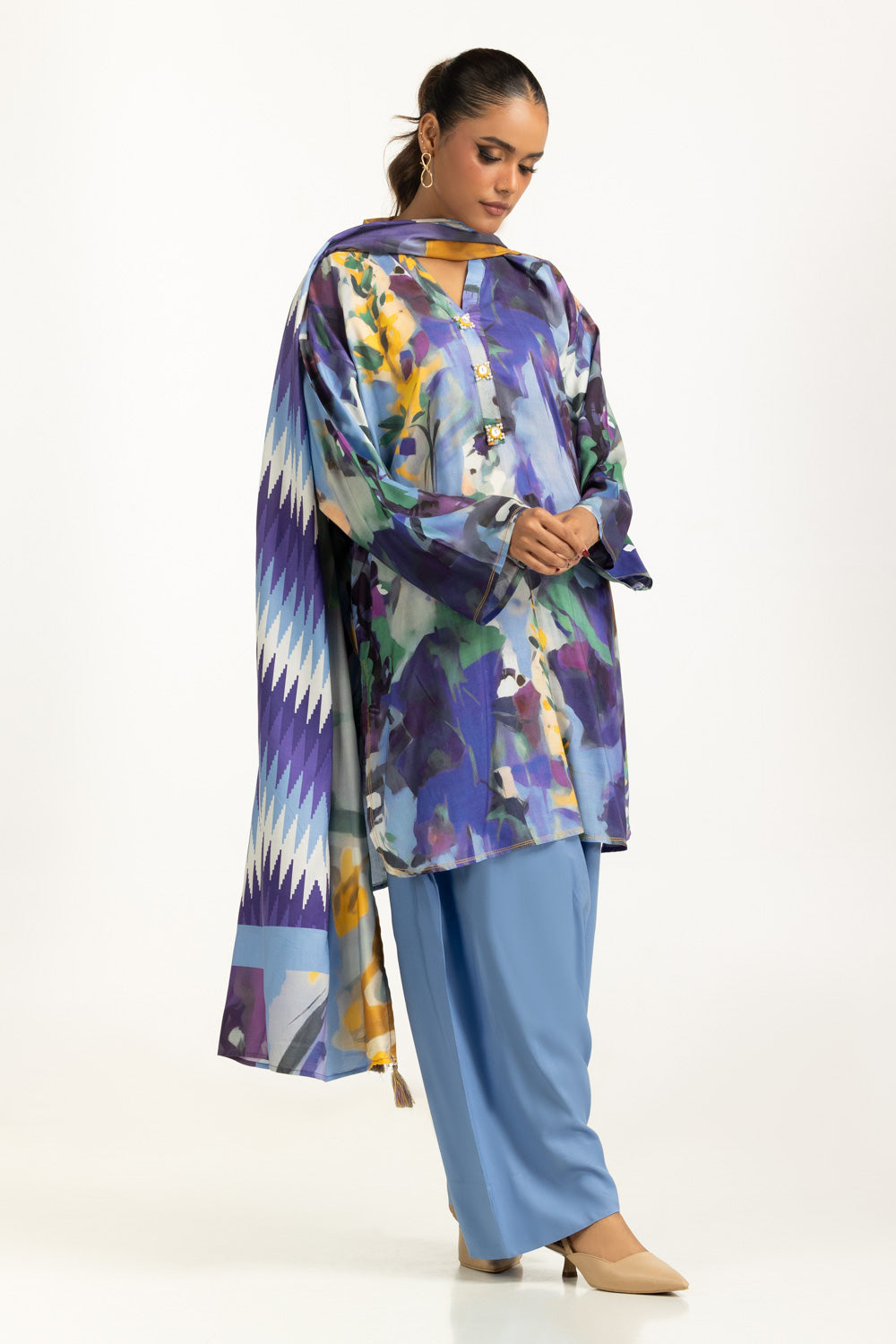 3Pc Linen Printed Suit