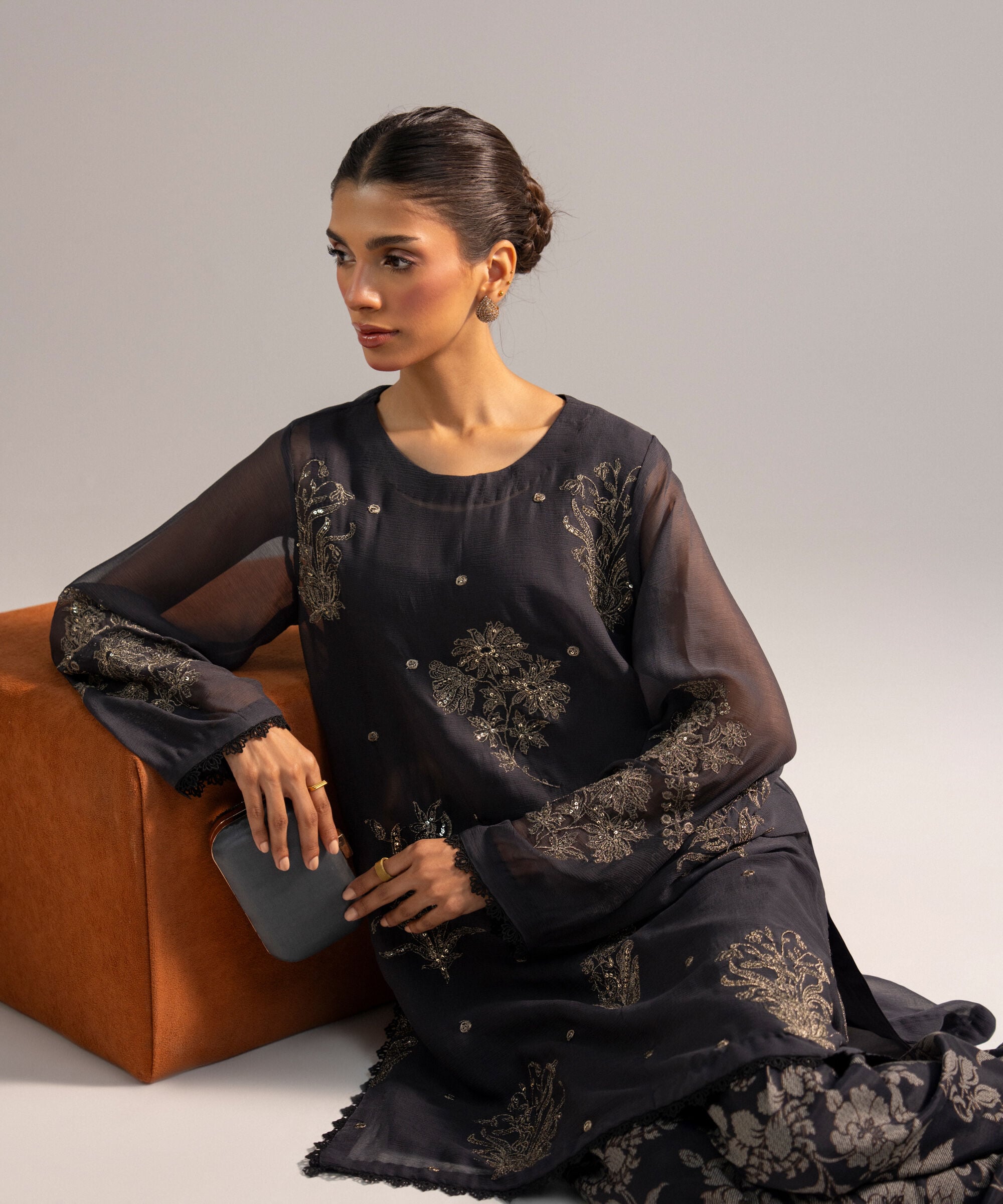 Women's RTW Chiffon Embroidered Black 2 Piece Suit