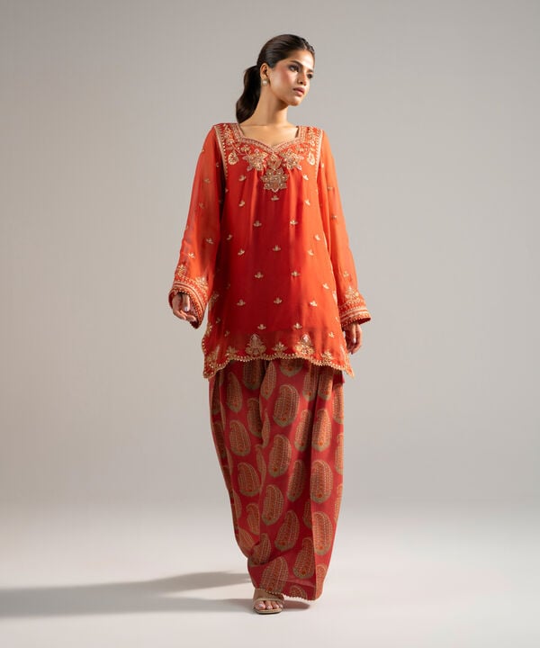 2 Piece - Embroidered Chiffon Suit