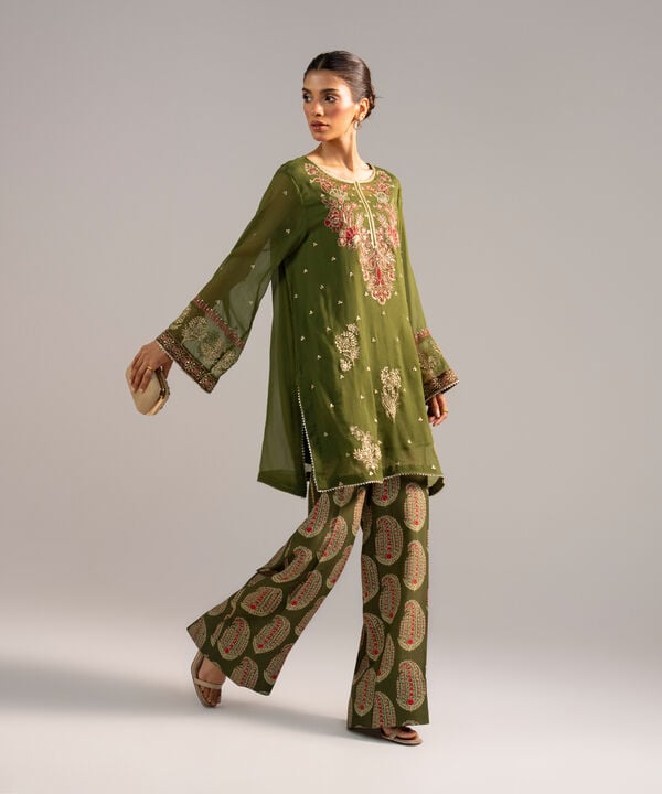2 Piece - Embroidered Chiffon Suit