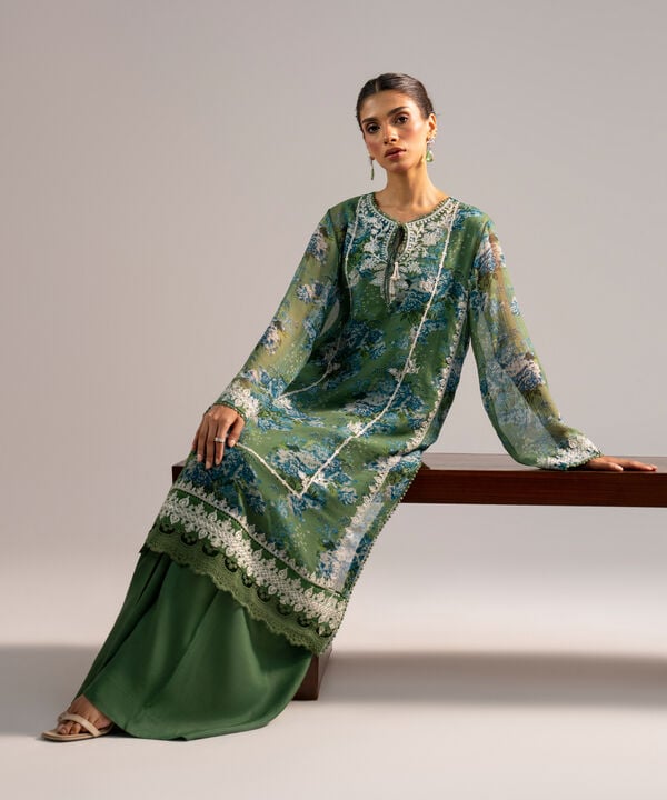 2 Piece - Embroidered Chiffon Suit