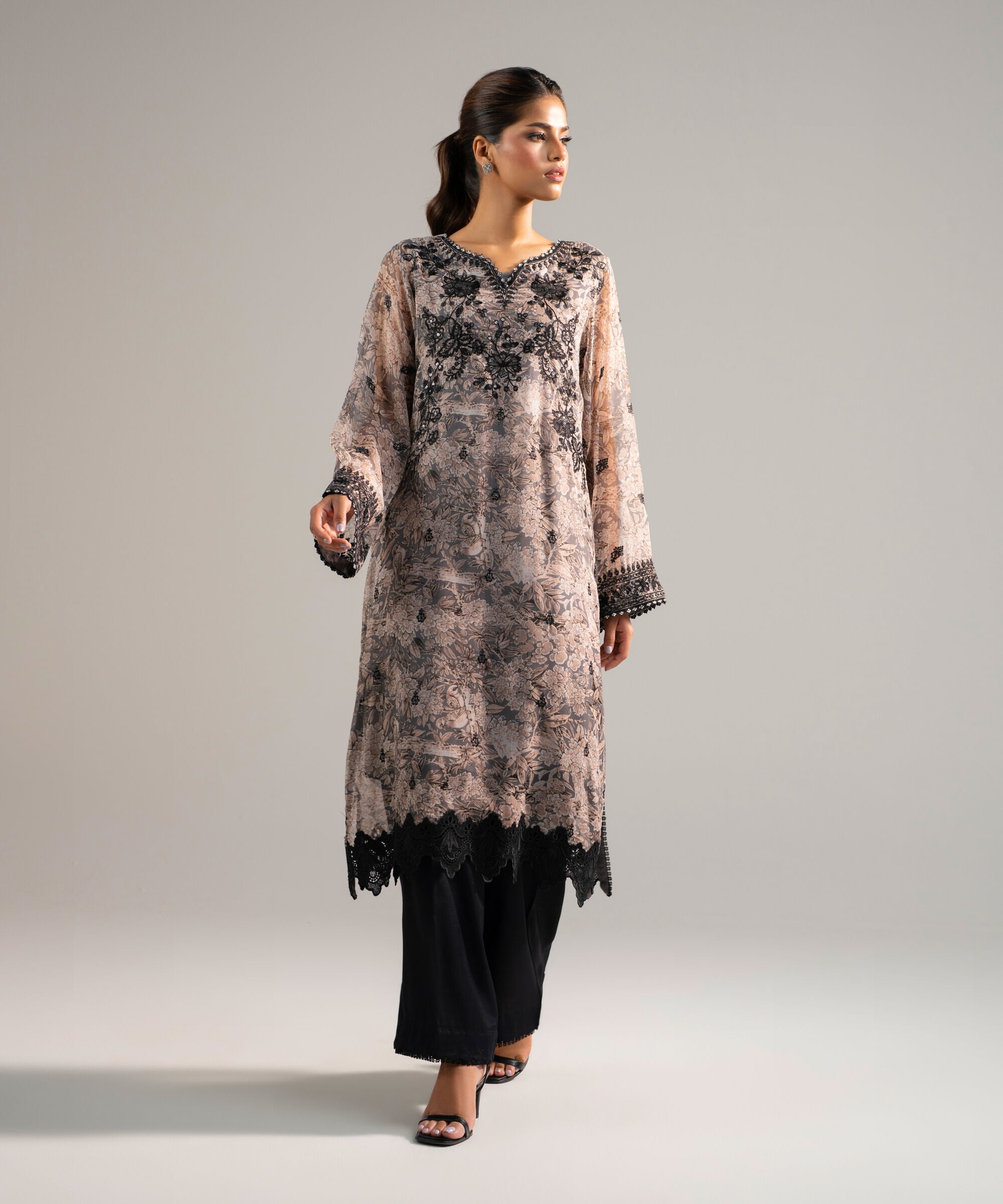 Women's RTW Chiffon Embroidered Grey 2 Piece Suit