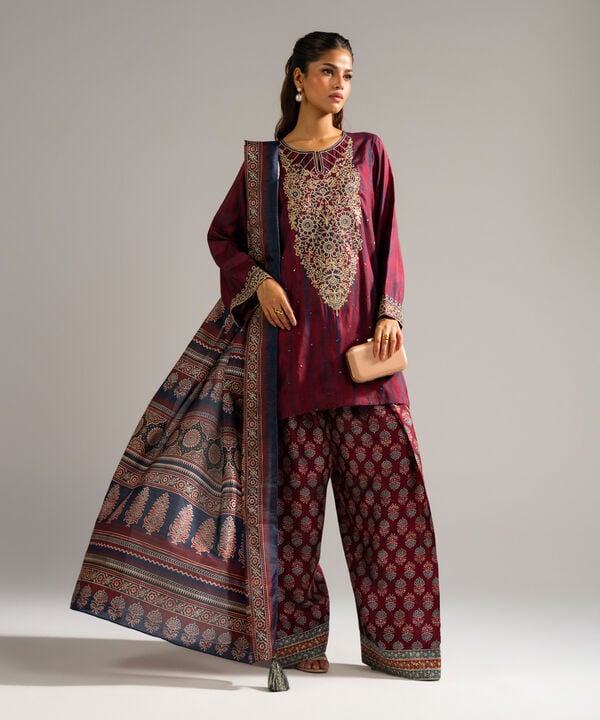 3 Piece - Embroidered Raw Silk Suit