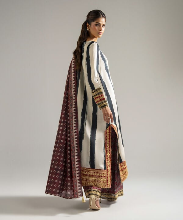 3 Piece - Embroidered Raw Silk Suit