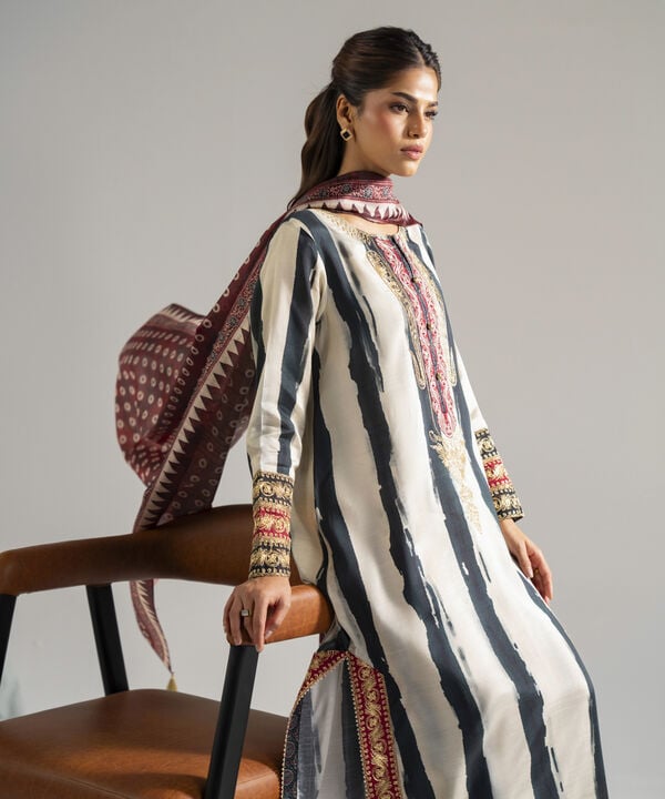 3 Piece - Embroidered Raw Silk Suit