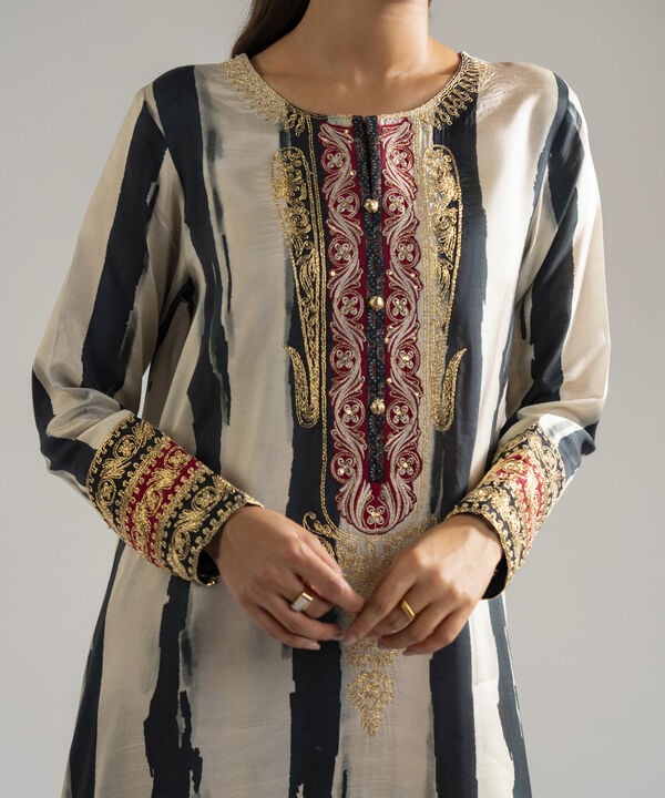 3 Piece - Embroidered Raw Silk Suit