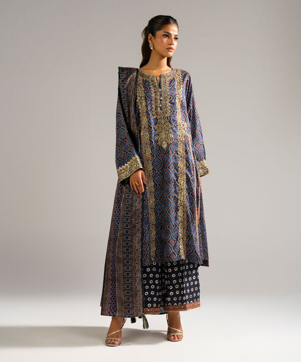 3 Piece - Embroidered Raw Silk Suit