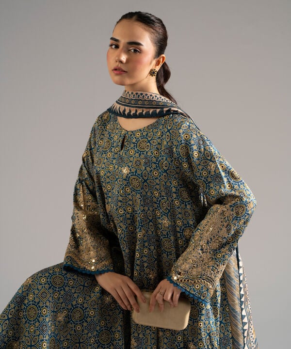 3 Piece - Embroidered Raw Silk Suit