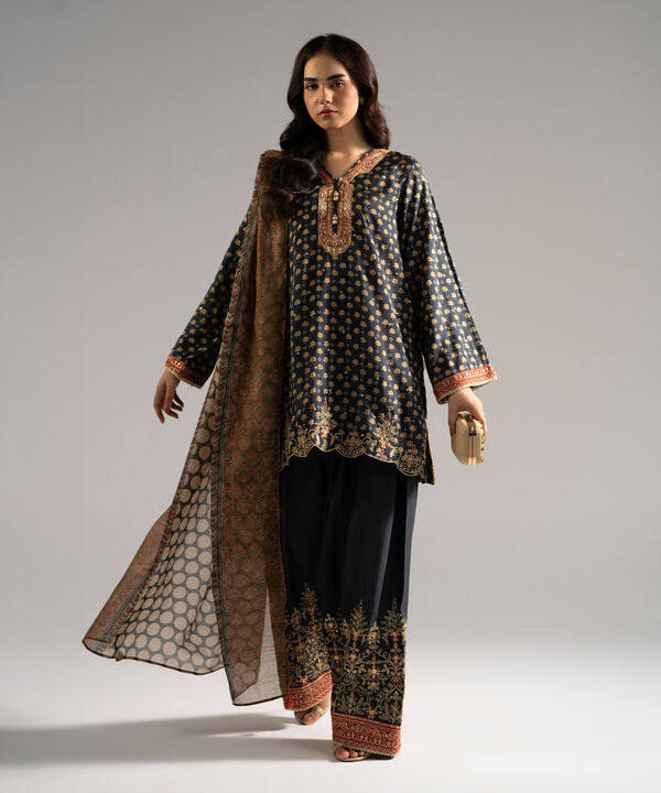 3 Piece - Embroidered Raw Silk Suit