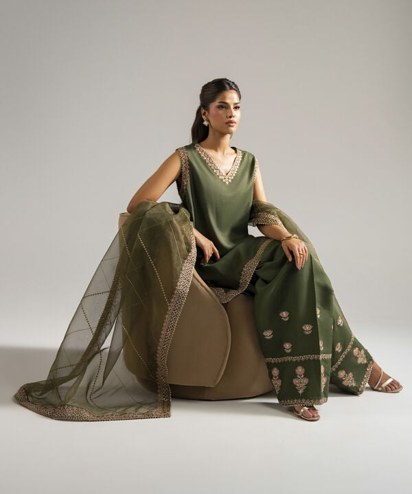 3 Piece - Embroidered Raw Silk Suit