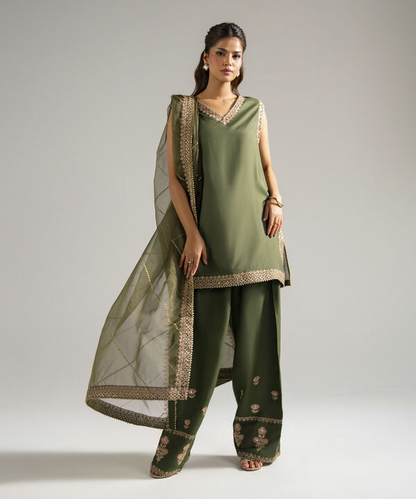 3 Piece - Embroidered Raw Silk Suit